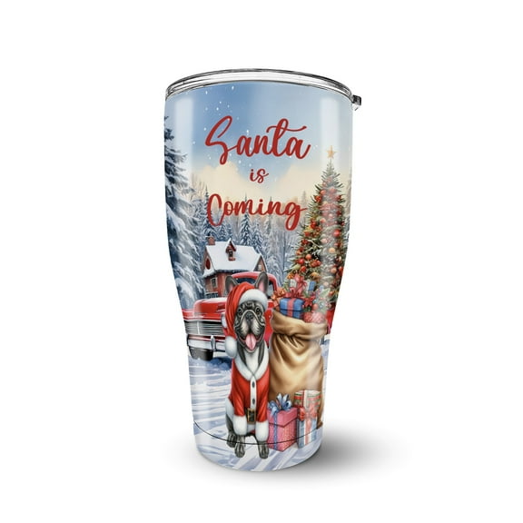 Santa is Coming French Bulldog Merry Christmas Xmas Noel Truck Tree 30oz Stainless Steel Tumbler Insulated Cup with Lid Dog Lover Gifts - 02023