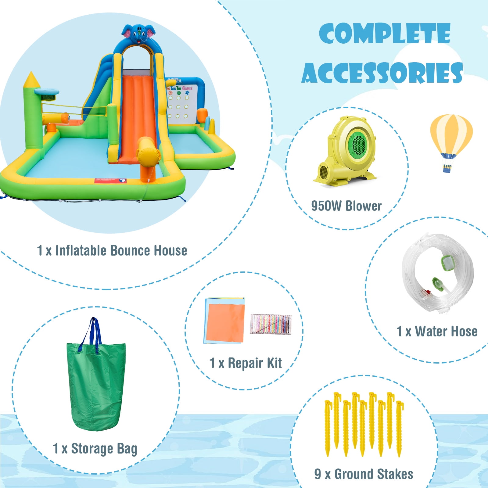 Topbuy Inflatable Water Slide 9-in-1 Blow-up Water Park for Kids with Splash Pool Climbing Wall Water Guns Basketball Toss with 950W Blower
