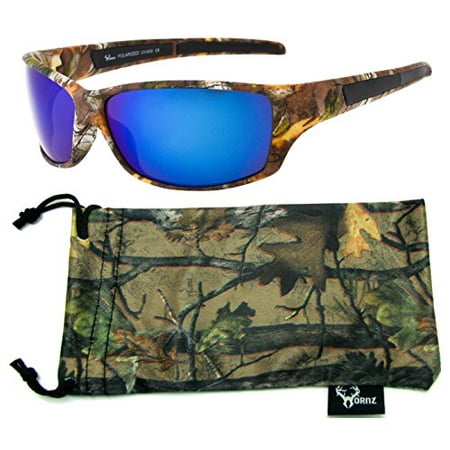 Hornz Brown Forrest Camouflage Polarized Sunglasses for Men Full Frame & Free Matching Microfiber Pouch - Brown Camo Frame - Blue