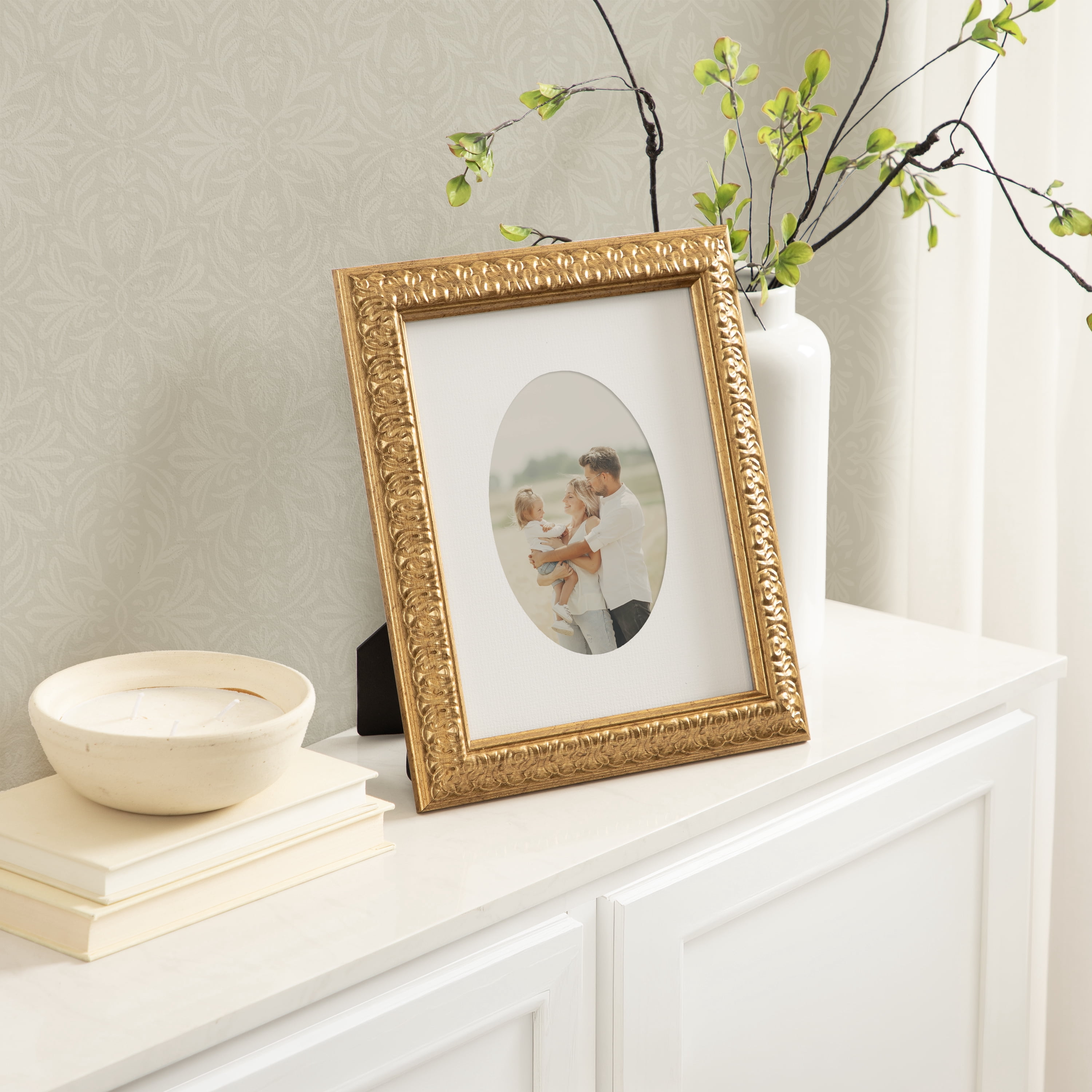 DesignOvation – 5x7 Picture Frame – Ornate Matted Antique Gold Tabletop Photo Frame