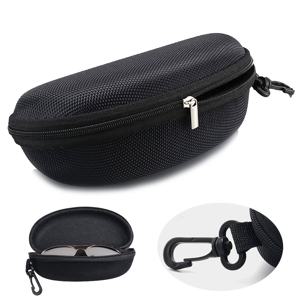 Black Zipper Box Bag Reading Glasses Sunglasses Case w Carabiner Hook 
