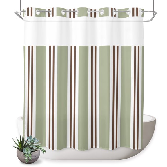 No Hook Shower Curtain, Sage Green Stripes Shower Curtains for Bathroom with See Through Top Window, Geometric Brown Vertical Striped Modern Waterproof & Washable Bath Curtain Long 72"x78"