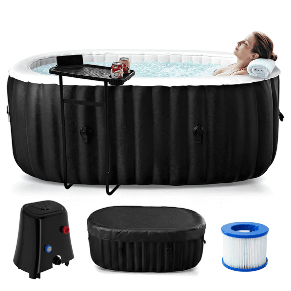 Inflatable Hot Tub 75"x47"x25", 2 Person Oval Outdoor Spa Blow Up Hottubs with 90 Bubble Jets, Blow Up Air Hot Tub with Heater Pump and Side Table, Insulated Cover, 2 Filter Cartridges