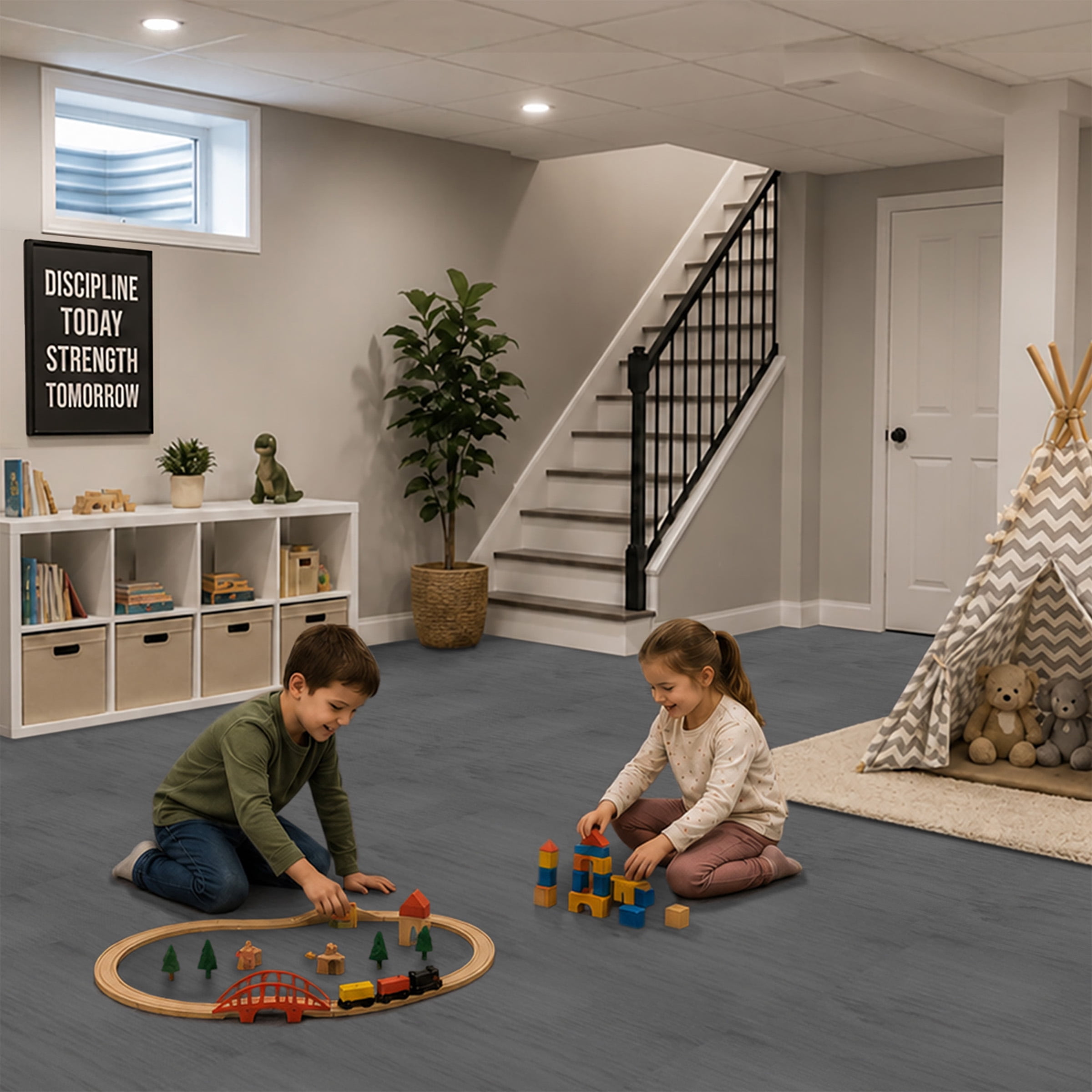Sorbus Waterproof Wood Grain Foam Floor Tiles, 16 Tiles, 64 Sq Ft, Interlocking, Carbon