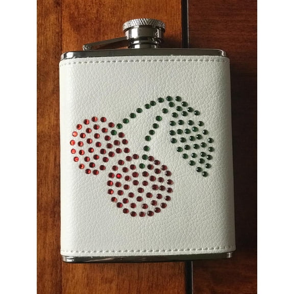 TB06-3159BPU White leather and strawberry flask, 6 Oz, Stainless Steel