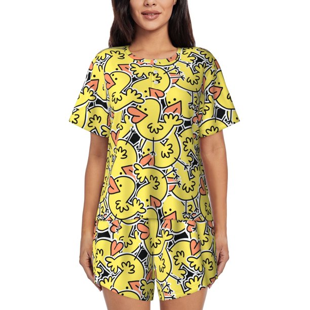 Balery Ducks Conjunto de Pijama para Mujer con Estampado, Dos Piezas de Manga Corta y Shorts, Ropa de Dormir Suave con Cuello Redondo y Bolsillos-XX-Large