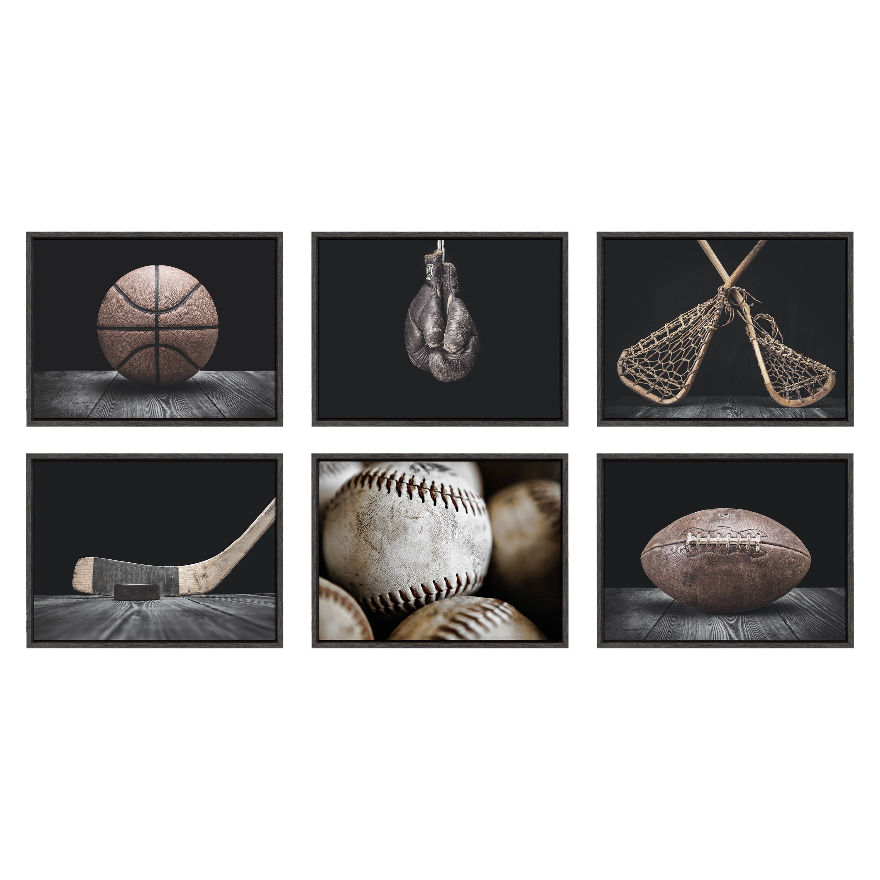 DesignOvation Sylvie Vintage Lacrosse Sticks Framed Canvas By Shawn St. Peter, 18x24 Dark Grey, Transitional Sports Wall Decor For Office, Bedroom, Or Living Room