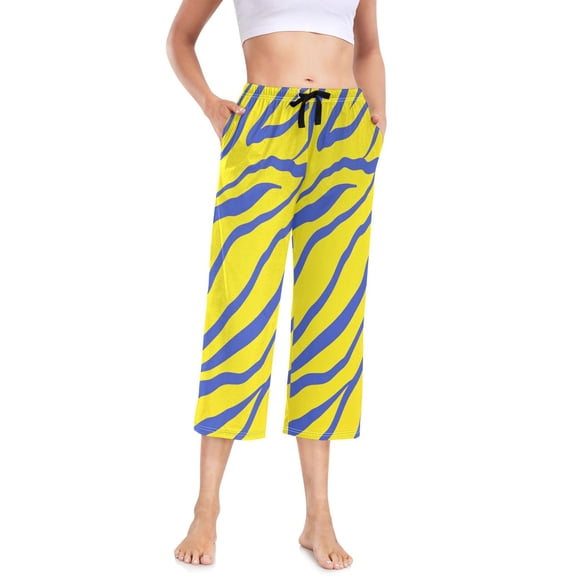 Women's Cropped Pajama Pants Wide-leg Summer Sleep Pants with Pockets Loose Fit Comfy Pj Pants ,Bluetigerstripe Print S