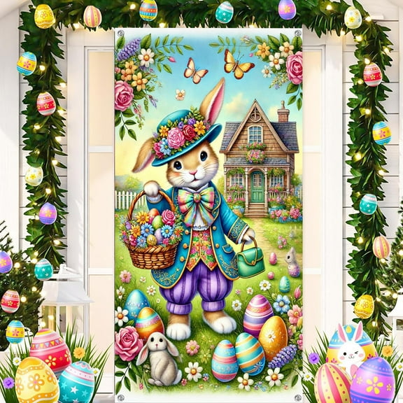 Happy Easter Door Cover, Bunny Banner Large Fabric Colorful Spring Welcome Decoration for Easter Party Photo Booth Background Favor Supplies, 35x71 Inches