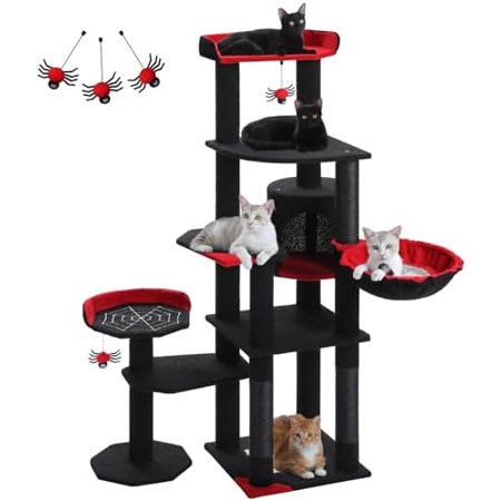 59" Gothic Cat Tree with Coffin Bed-Black Cat Tower for Indoor Cats with Spacious Cat Condo & Cozy Hammock, Spider Hanging Balls, Sisal Scratching Post and 2 Spooky Perches for Halloween