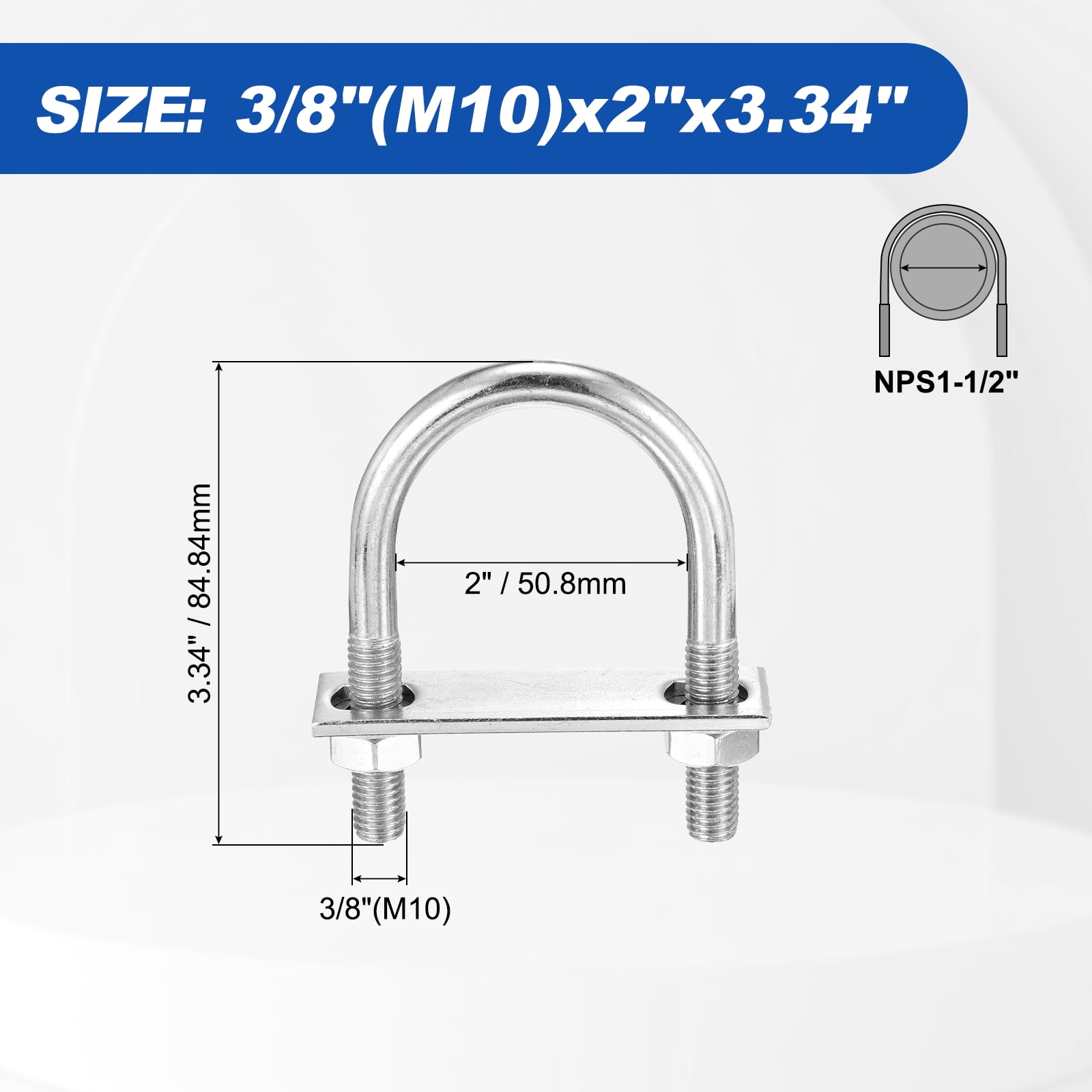 U Bolts 4 Sets (3/8"(M10)x2"x3.34"), Round U Bolt Kits 304 Stainless Steel with Accessories - for Construction, Pipe, Trailer, Automotive, Leaf Spring Fastener