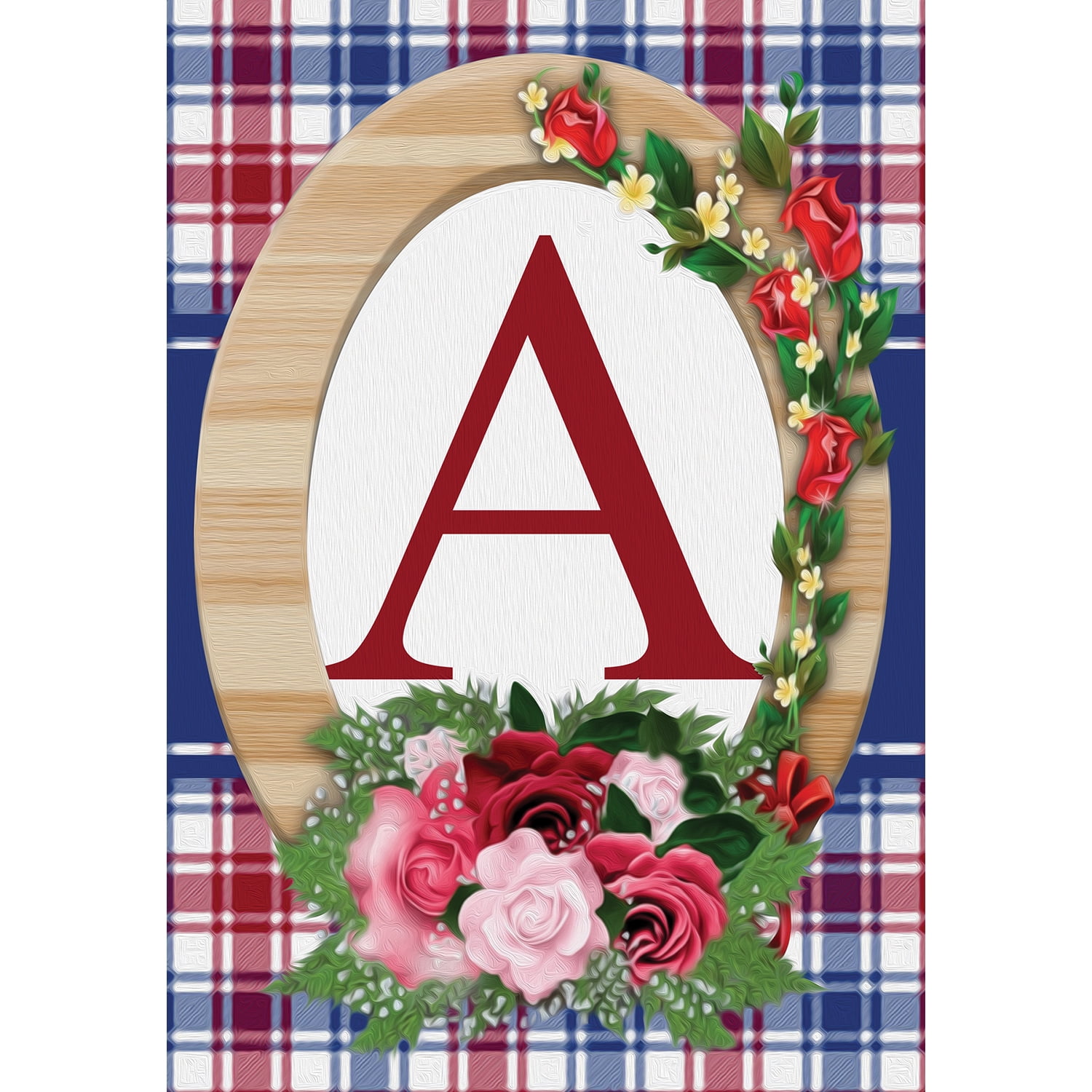 America Forever Monogram A House Flag, 28 x 40 inch Double Sided, Letter A with Roses, Floral Initial Flag, Plaid Background, Personalized Yard Decor