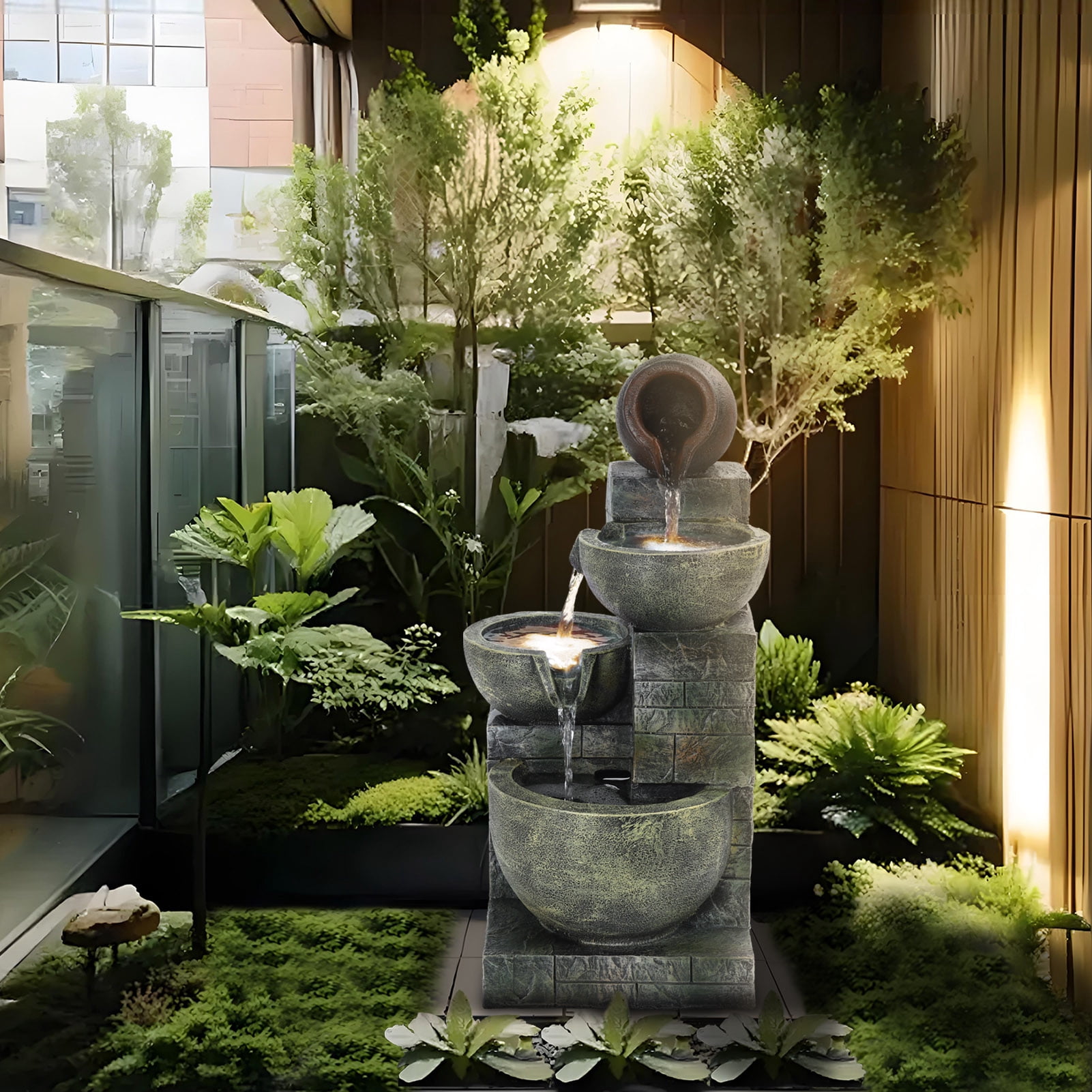 Koiauber 23.6" 4-Tiers Outdoor Garden Water Fountain,Cascading Bowls and Stacked Stones Outdoor Water Fountain,Outside Patio Water Features Fountain with LED Light