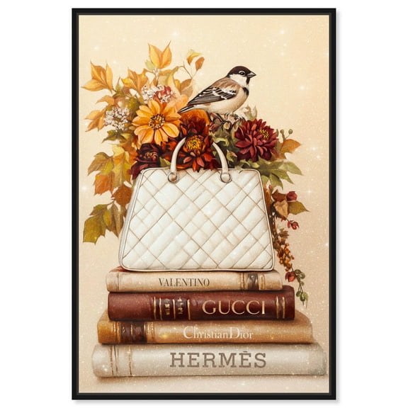 Little Bird with Fall Flowers Glam Canvas Fashion Art Print by Art Remedy, Black Frame, 10 x 15