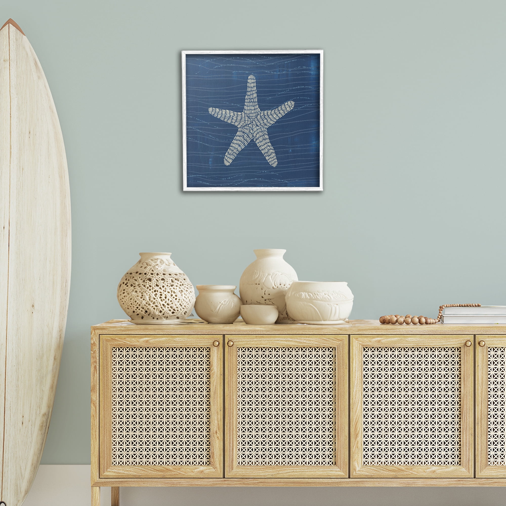 Stupell Industries Starfish on Blue Coastal Painting White Framed Art Print Wall Art, 24 x 24