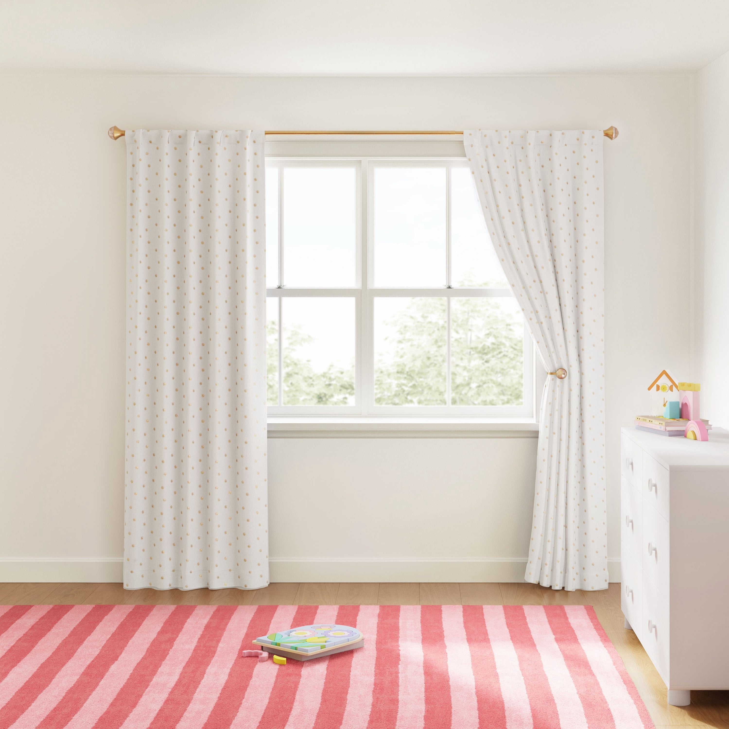 Mainstays Kids White and Metallic Gold Sun Sheer Overlay Blackout Rod Pocket with Back Tabs Single Curtain Panel, 38" W x 95" L