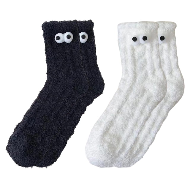 2 pares de calcetines divertidos y esponjosos con ojos grandes para mujer, calcetines de dormir cálidos y peludos, calcetines gruesos y acogedores de invierno para descansar y dormir en interiores.