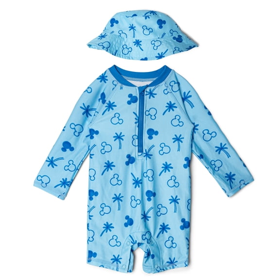 Disney Mickey Mouse Baby Boys' Swimwear One Piece Sunsuit and Hat Set Light Blue