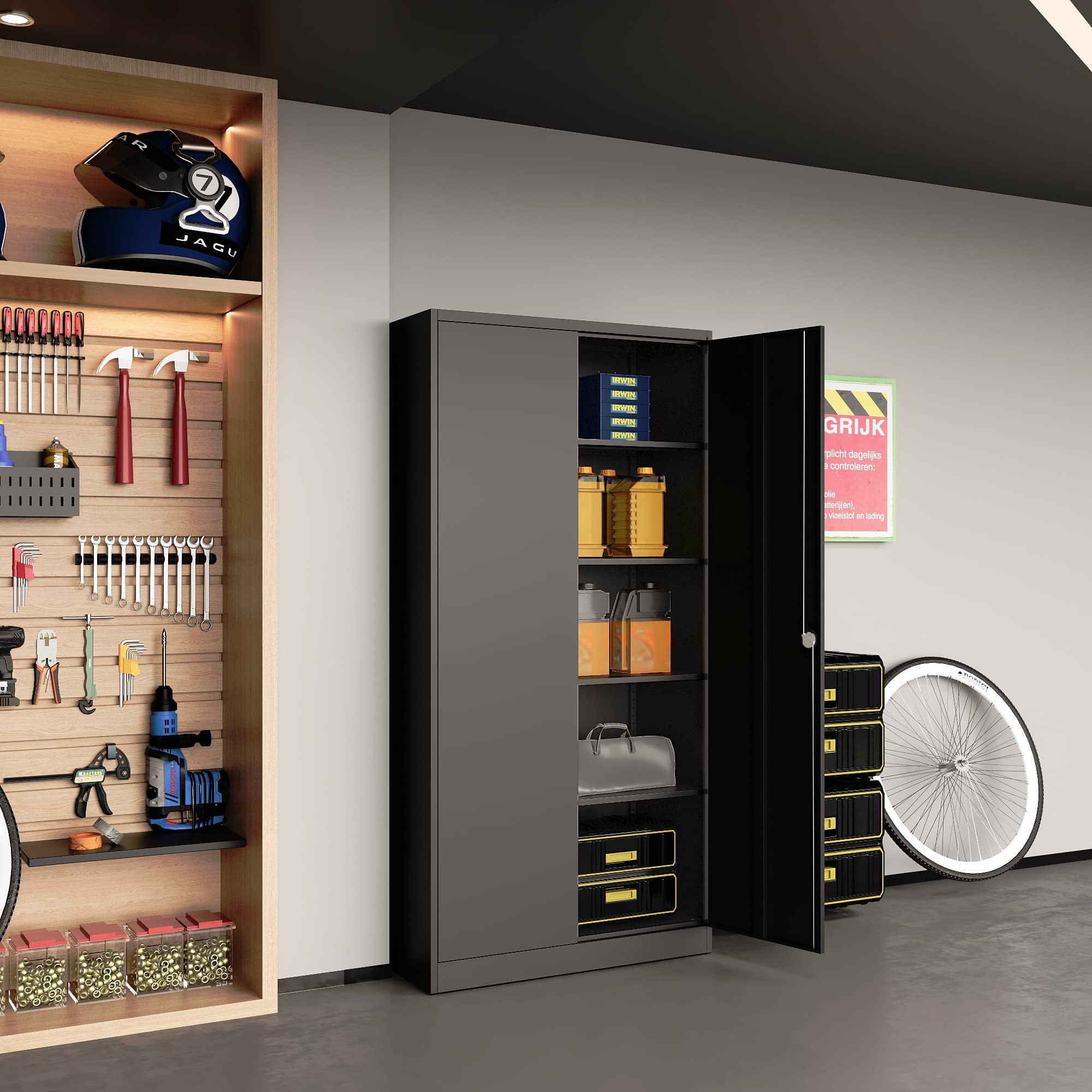 STANI Metal Garage Storage Cabinet with 2 Doors and 5 Adjustable Shelves - 71" Steel Lockable File Cabinet,Locking Tool Cabinets for Office,Home,Garage,Gym