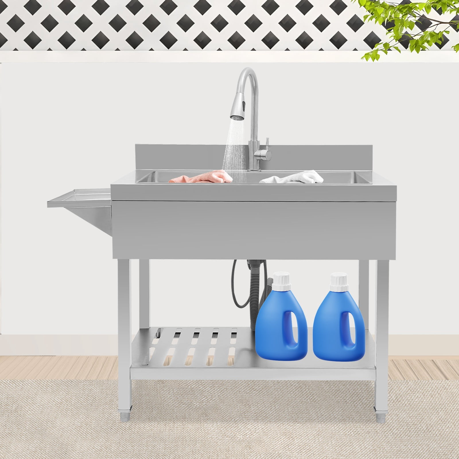 Silver Stainless Steel Single Bowl Sink, 35.4" x 22.4" x 37" Commercial Kitchen Sink Freestanding Prep & Utility Sink with Cold and Hot Water Faucet for Kitchens, Bathrooms, Garage, Laundry Room
