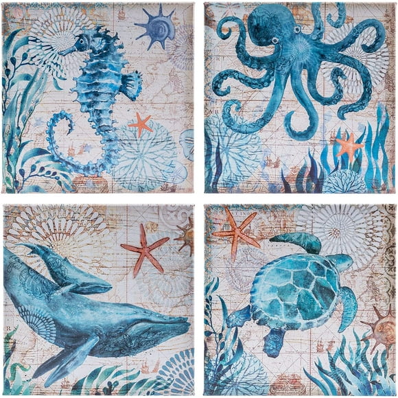 4 Pieces Canvas Prints Wall Art Decor-Blue Ocean Creature Whale Octopus Sea Turtle Seahorse Picture Modern Canvas Painting Artwork for Living Room Bedroom Home Office Decoration,12 x 12 Inch