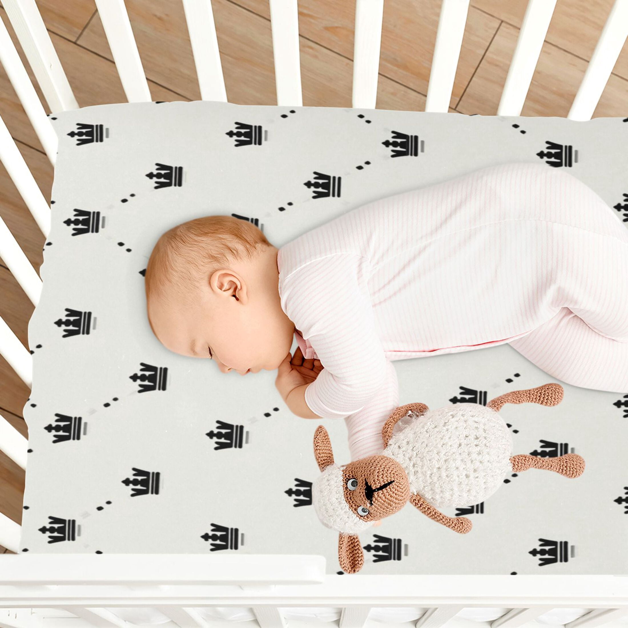 Baby Essentials 52”x 28”- Standard Cotton-like Modal Elastic- Crown Background Design Crib Sheets for Newborns and Toddlers
