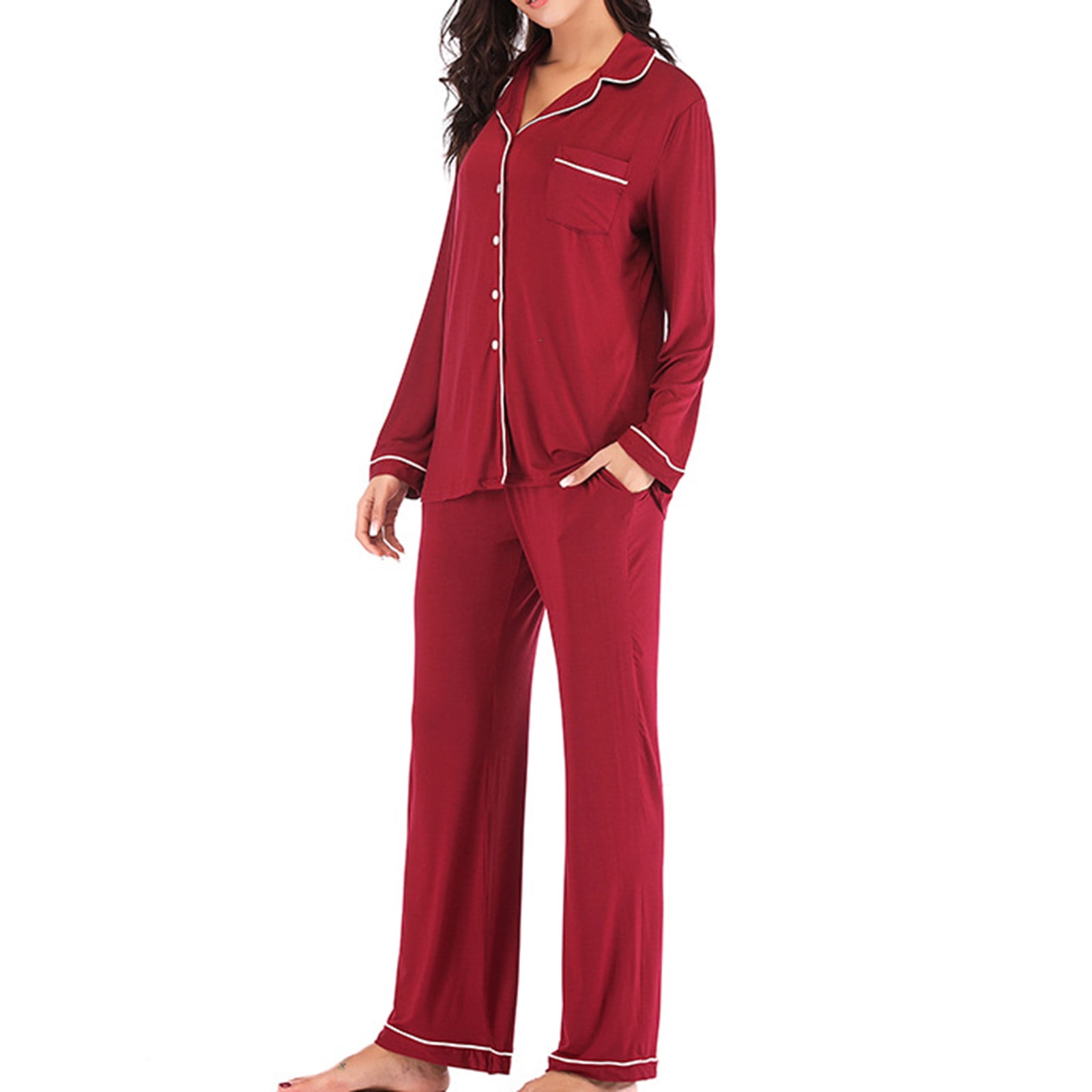 BONIXOOM Christmas Pajamas For Women Matching Family Christmas Pajamas Loungewear None Long Sleeve Sleepwear Sets Solid Wine M