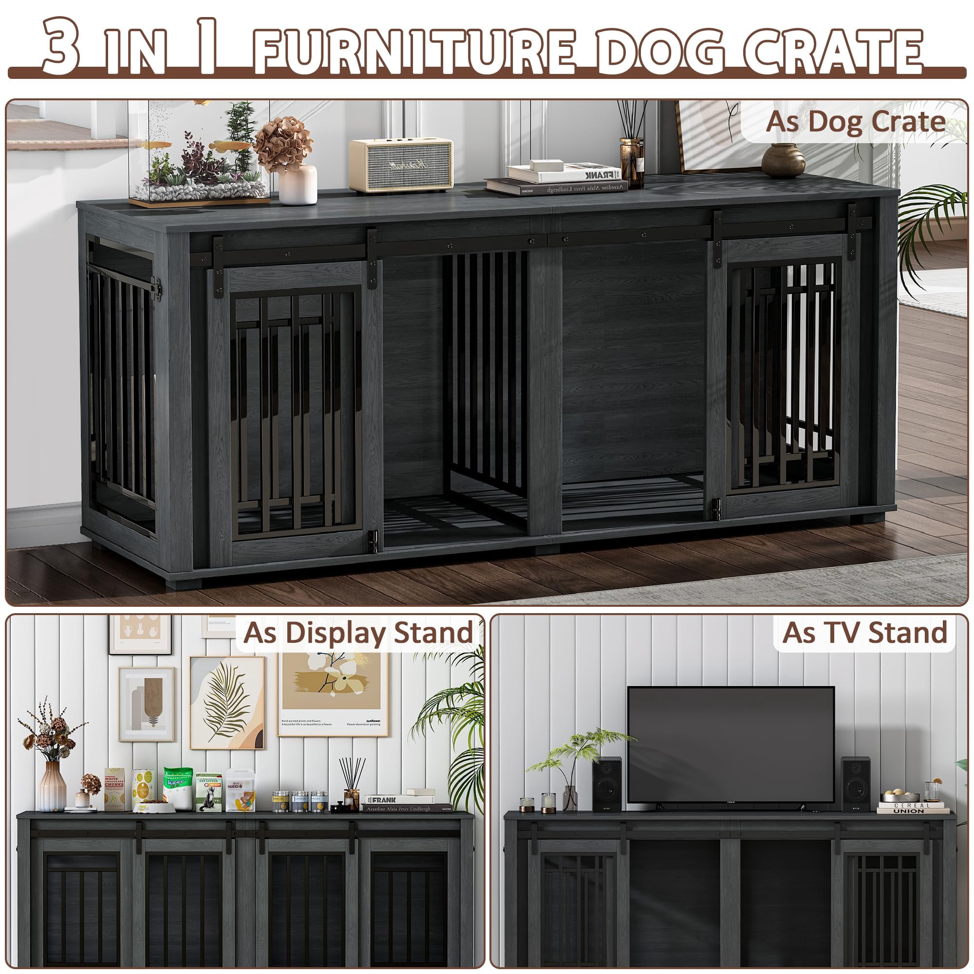 Dog Crate Furniture for 2 Dogs, Akaber 71" Large Dog Kennel Furniture, Steel Frame Dog Crate