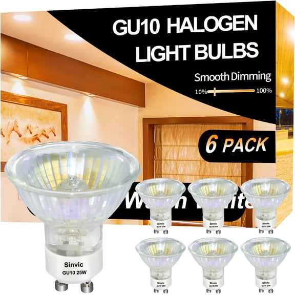 HIBIBUD GU10 Halogen 25W Bulbs,6 Pack GU10 120V 25W with 2800k Warm White,Long Lifespan GU10 MR16 Dimmable for Track&Recessed Lighting