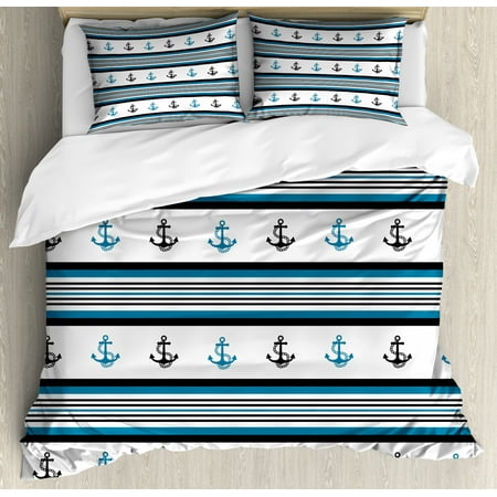 Anchor Duvet Cover Set Borders With Stripes And Anchor Figures