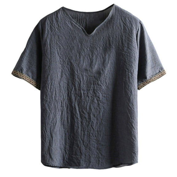 Qgtaibl Notch V Neck T Shirts for Men Cotton Linen Short Sleeve Casual Tops Summer Comfy Beach Travel Tees Gray,M