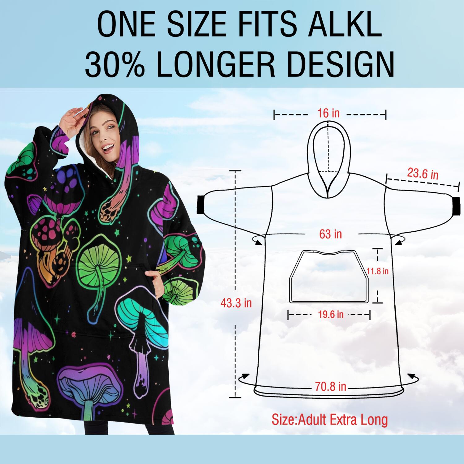 Oversized Wearable Blanket Hoodie,Purple Mushroom Star Black Pattern Sherpa Blanket Hoodie with Super Pockets,Super Warm Fuzzy Pullover for Women & Men