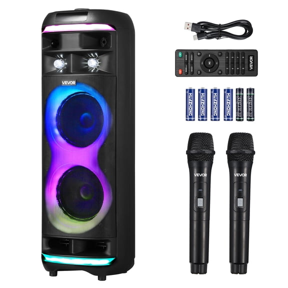VEVOR Karaoke Machine for Adults, 80W, 8-inch Portable Bluetooth Speaker with 2 Wireless Microphones, LED Light, TWS Function, Rolling Wheels, Supports Micro TF Card,USB,AUX,for Home Karaoke Party