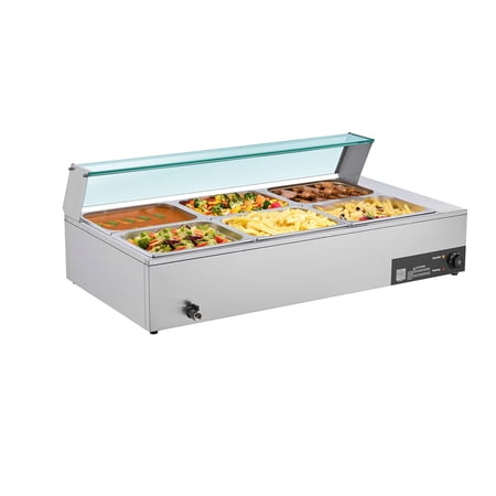 1500W Commercial Electric Food Warmer with Stainless Steel Steam Table, 6 x 1/2 Size Pans, Glass Cover, Soup and Perforated Ladles Included, Buffet Bain Marie for Catering, Restaurant, Party Events