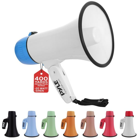 Lightweight and Portable Bullhorn Megaphone, Aux (3.5mm) Input for MP3/Music, Automatic Siren, 20-Watt, MIC/TALK (White)
