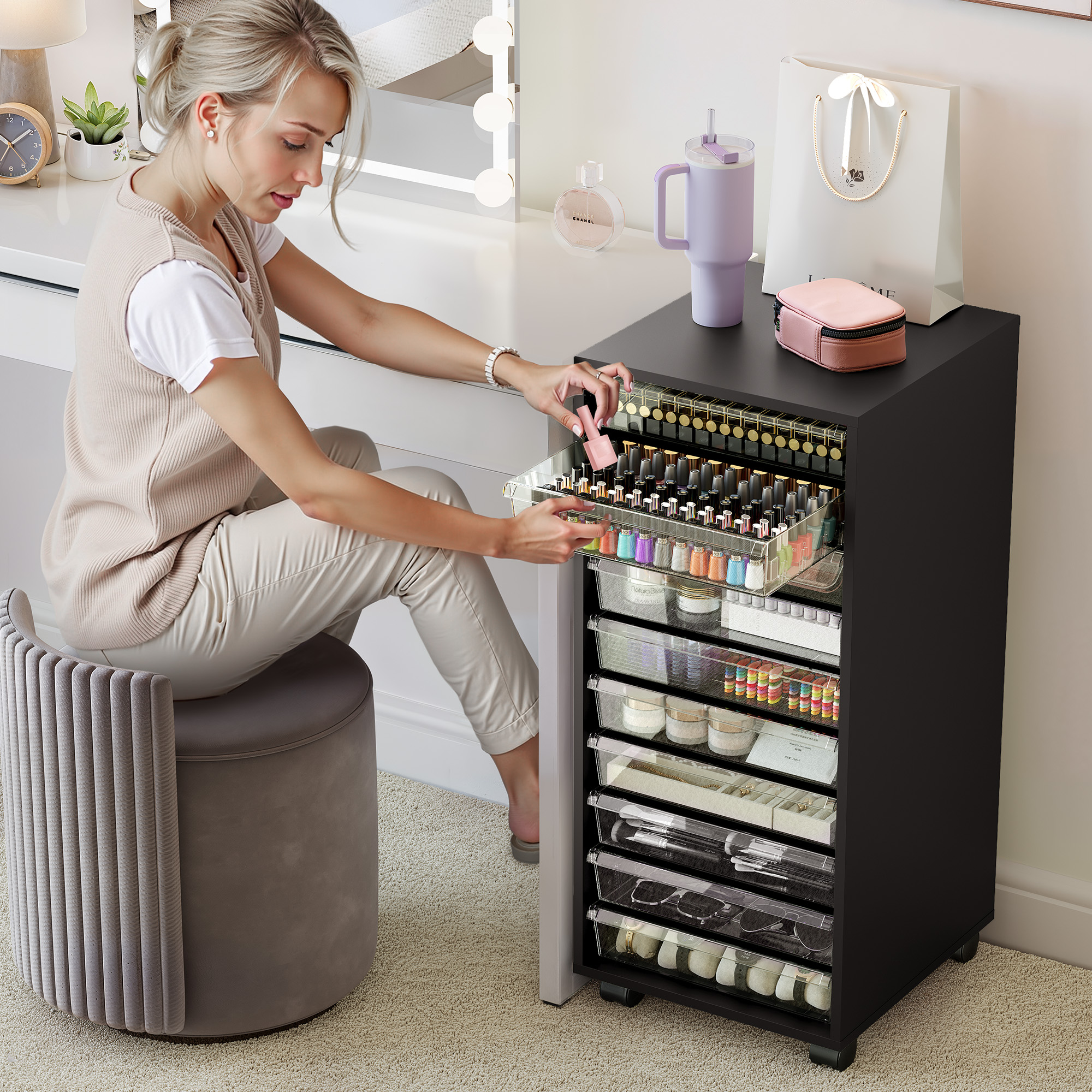Wood  Storage Drawer Cart, Makeup Organizer and Storage with 10 Large Clear Drawers, Black