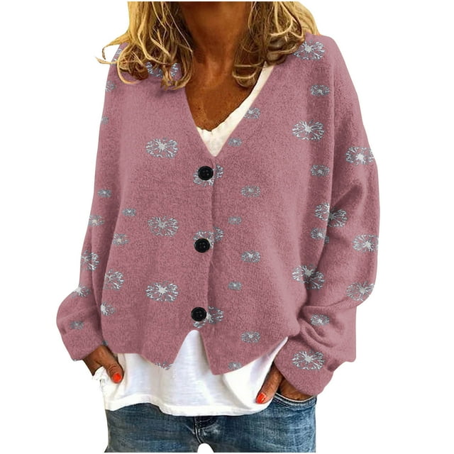 WRKEKC Botanical Print French Wool Plush Jacket Button Front Fall Winter Soft Coat with Pockets for Coffee Run and Weekend Style Pink M