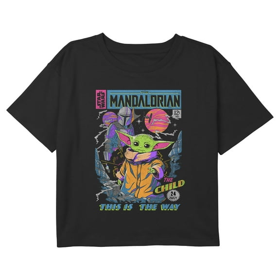 Girl's Star Wars: The Mandalorian Neon Retro Comic Graphic Cropped T-Shirt Black X Large