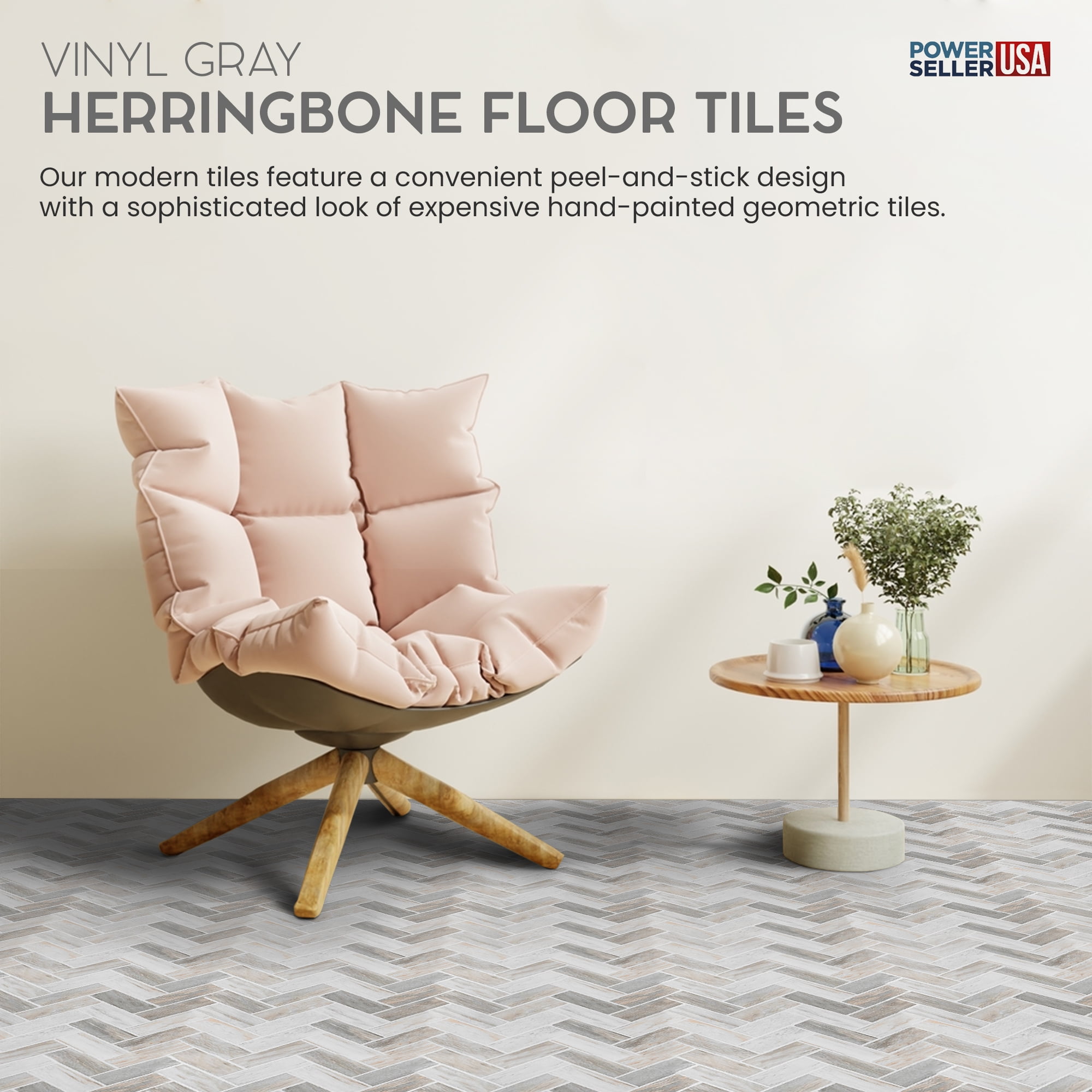 PowerSellerUSA Self-Stick Vinyl Modern Geometric Floor Tiles Ultra Durable 1.5mm Thick Tiles, 1-Pack/20 Square Ft., 12" x 12", Gray Herringbone