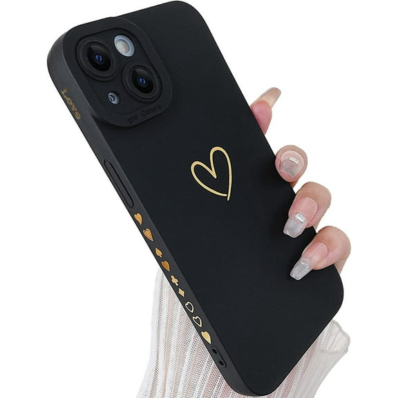 Compatible with iPhone 15 Case for Women, Bronzing Luxury Heart Phone Case Soft TPU Shockproof Full Camera Lens Protective iPhone 15 Phone Case 6.1" - Black