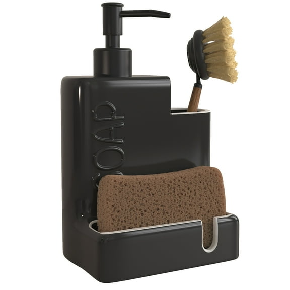 Arikago Soap Dispenser with Sponge Holder and Brush Holder, Ceramic Dish Soap Dispenser Pump, 3 in 1 Liquid Hand Soap Organizer with Funnel for Kitchen Sink Countertop, Matte Black