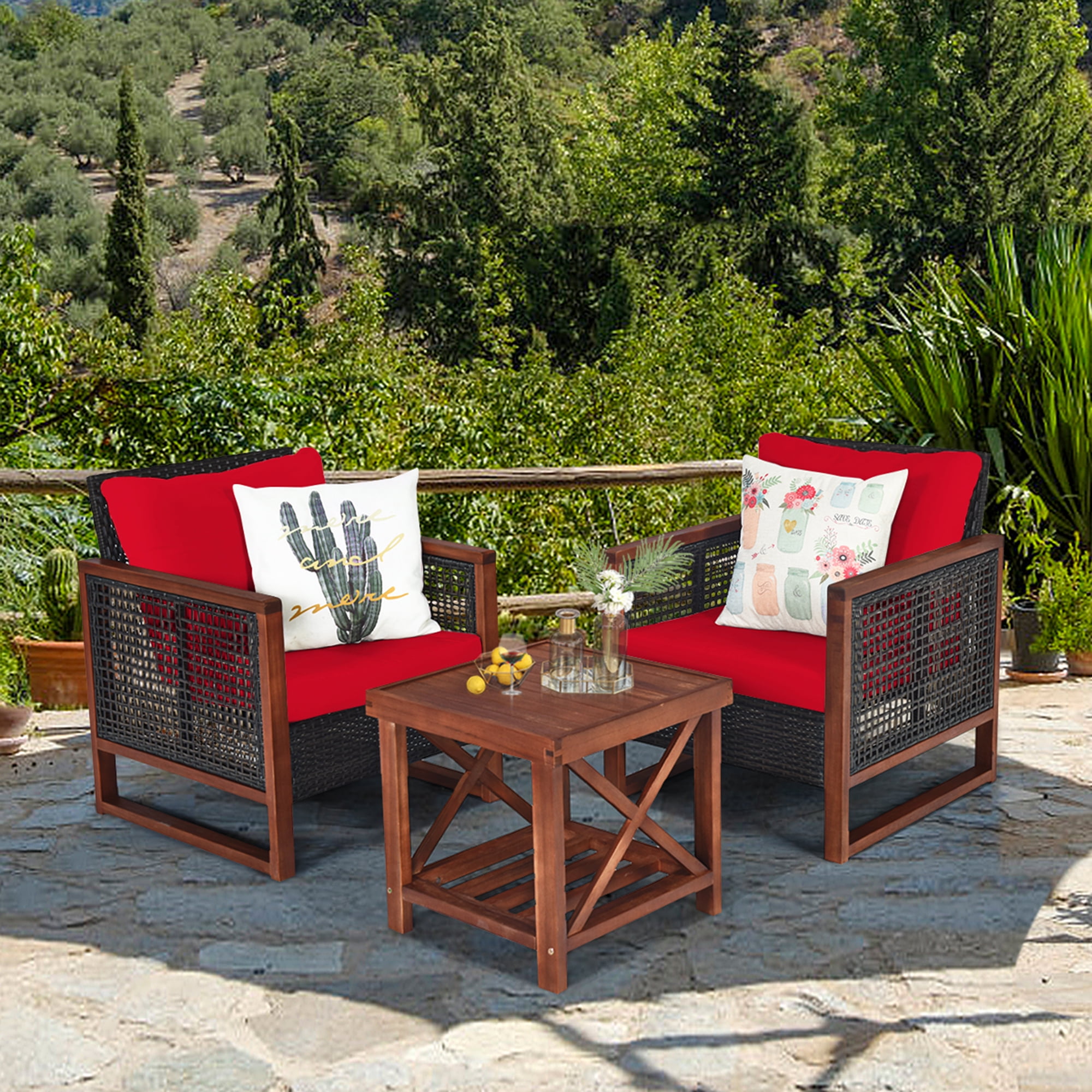 Gymax 3PCS Rattan Wicker Patio Conversation Set Outdoor Furniture Set w ...