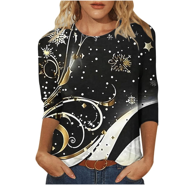 Camisetas de Manga Larga de las Mujeres Imprimir Navidad Cuello Redondo 3/4 Manga Suéter, Top Casual para las Vacaciones