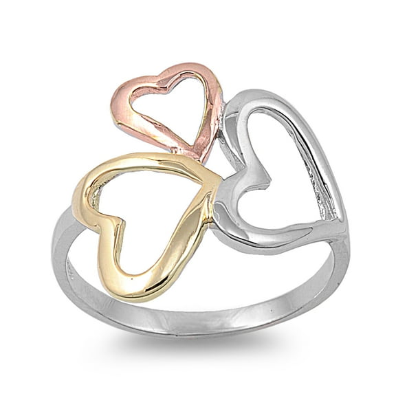 925 Sterling Silver Tri Color Hearts Ring Size 10