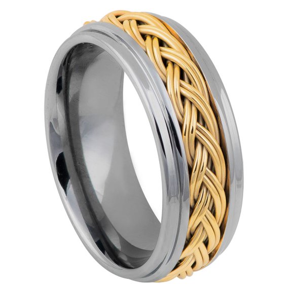 8mm Step Edge High Polished with Yellow Gold IP Plated Double Braid Inlay Wedding Band Ring For Men Or Ladies