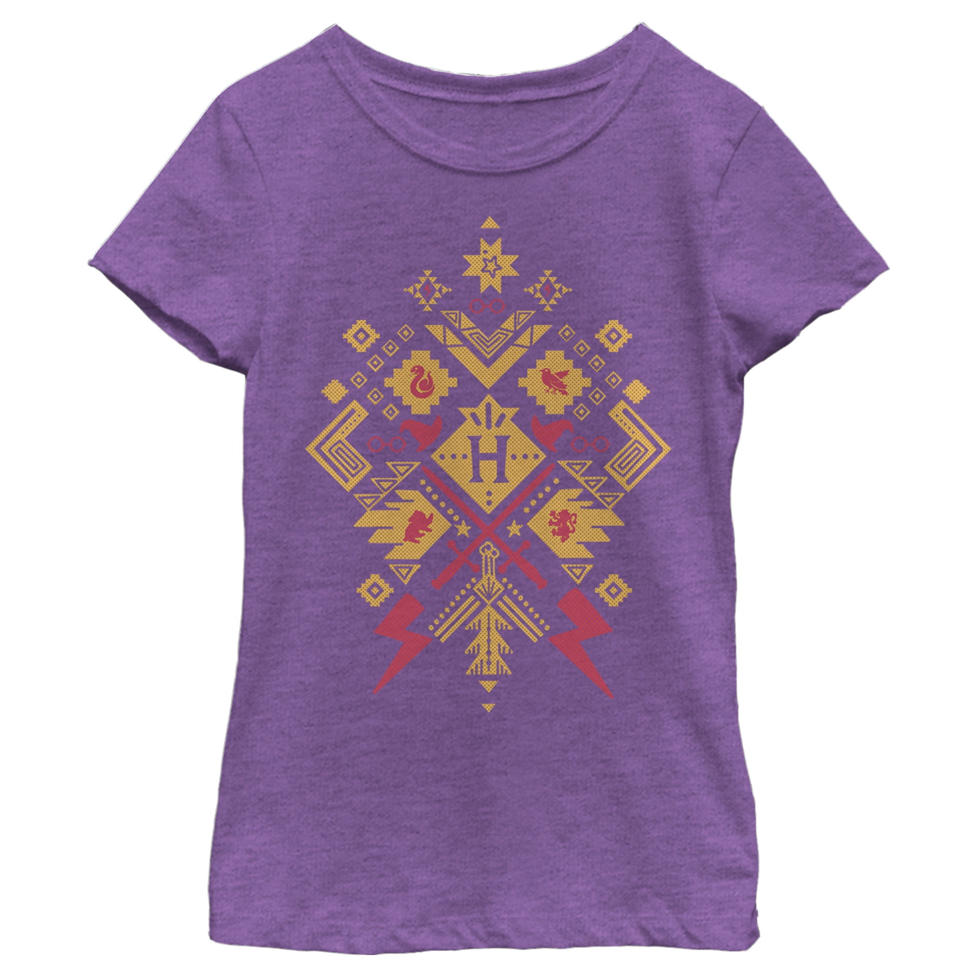 Girl's Harry Potter Hogwarts Icon Pattern  Graphic Tee Purple Berry Large