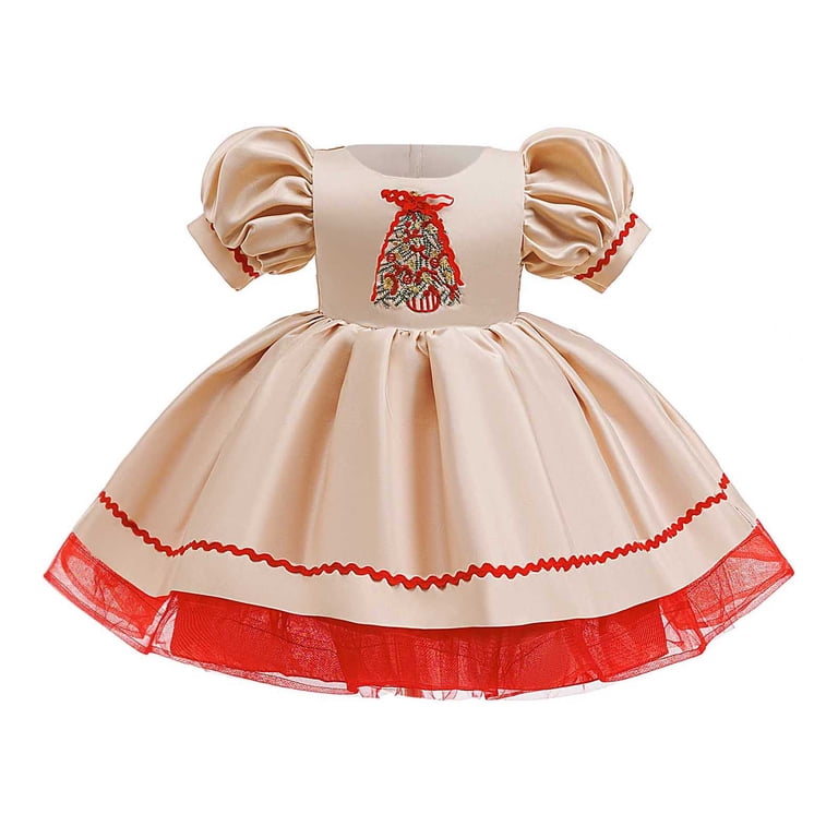 Gelikeya Christmas Dresses for Girls Size 9-12 Cute Cartoon Plaid Print Puff Short Sleeve Christmas Birthday Party Wear Santa Tutu Dress (x09 Beige, 9