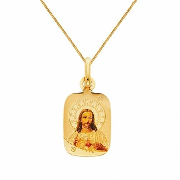 Precious Stars 14K Yellow Solid Gold and Enamel Sacred Heart of Jesus Religious Pendant with 16" Chain Necklace