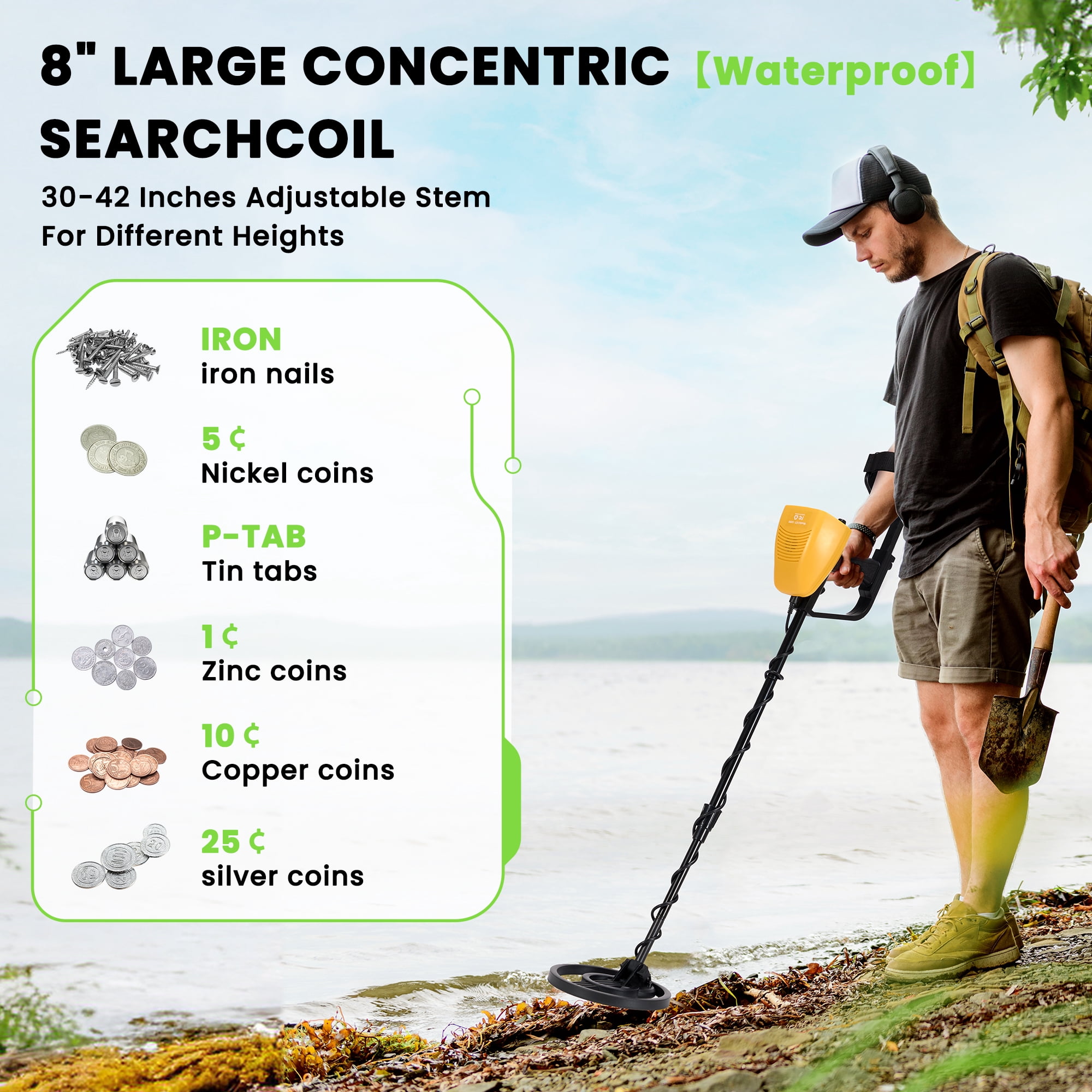 Naipo Metal Detector, Adjustable 30" to 42" Metal Detector for Kids with LED Display Lightweight Kids Metal Detector Kit with 8” Waterproof Search Coil, Gift for Boys & Girls, Green