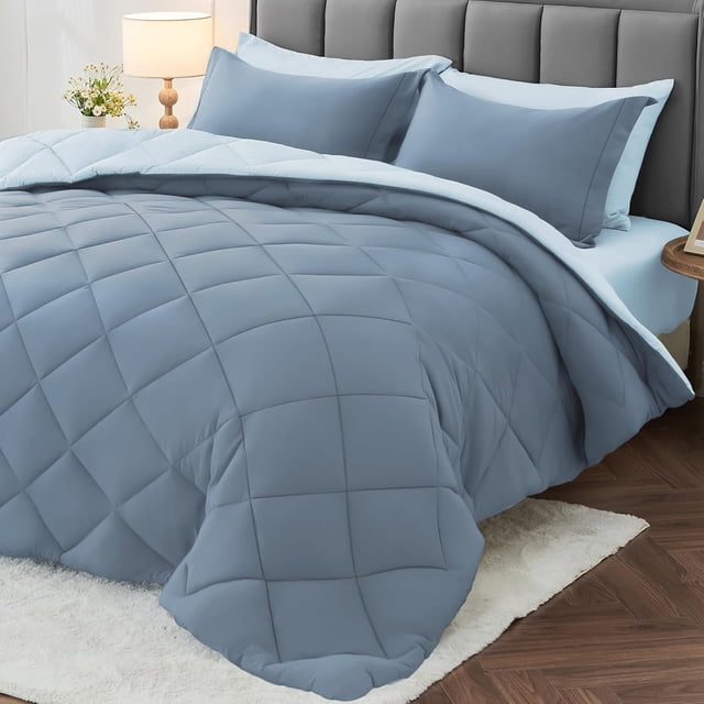 Ensemble Douillette Grand 7 Pcs MUXHOMO, Sac de Literie Toutes Saisons Format Grand, Ensemble de Literie Réversible avec Douillette, Drap Plat, Drap-Housse, Taies d'Oreiller et Couvre-Oreillers, Bleu Minéral et Bleu Pâle